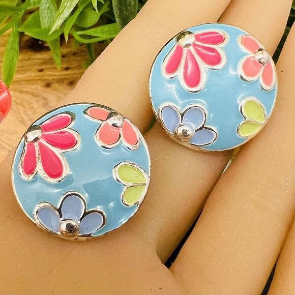 Vintage MOD Earrings Dome Blue Pink Green Enamel Flowers Silver Round Clip 1313 - Picture 1 of 7